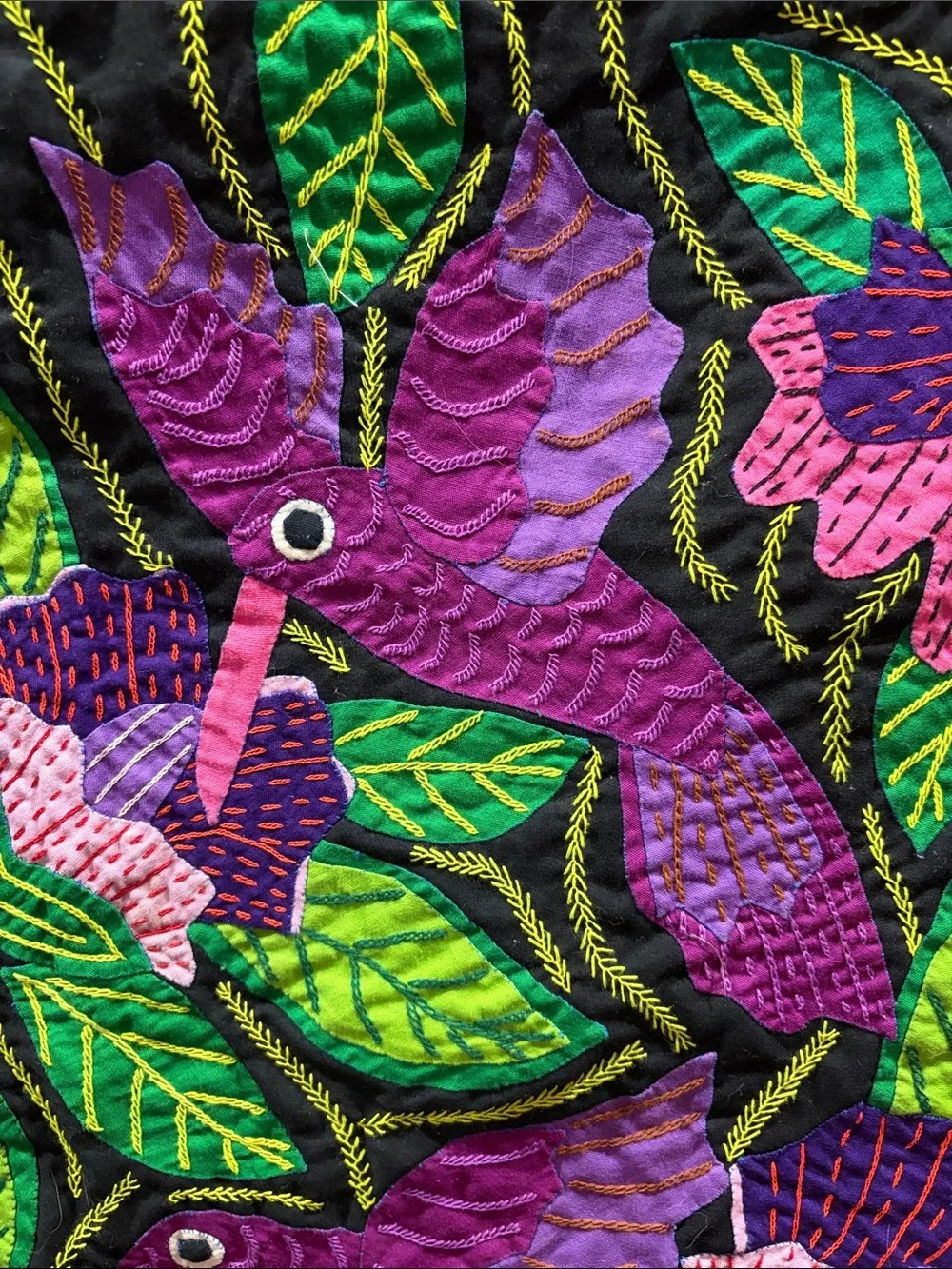 Mola fabric art San Blas Panama Kuna 3 Hummingbirds hand made 26x21”